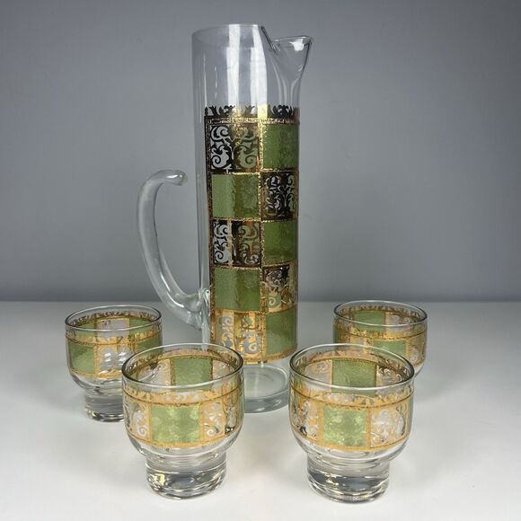 CULVER 5 Piece Prado Set 22k Gold Green Cocktail Pitcher & Footed Glasses - Picture 1 of 13